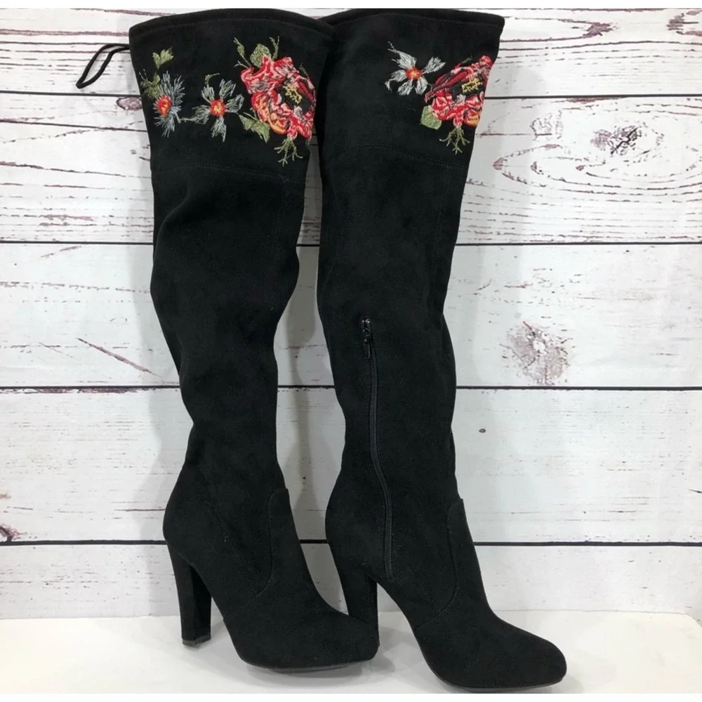 Zigi Soho Bryna Black Over The Knee Heeled Boot Embroider Floral Boho Hippie 6.5